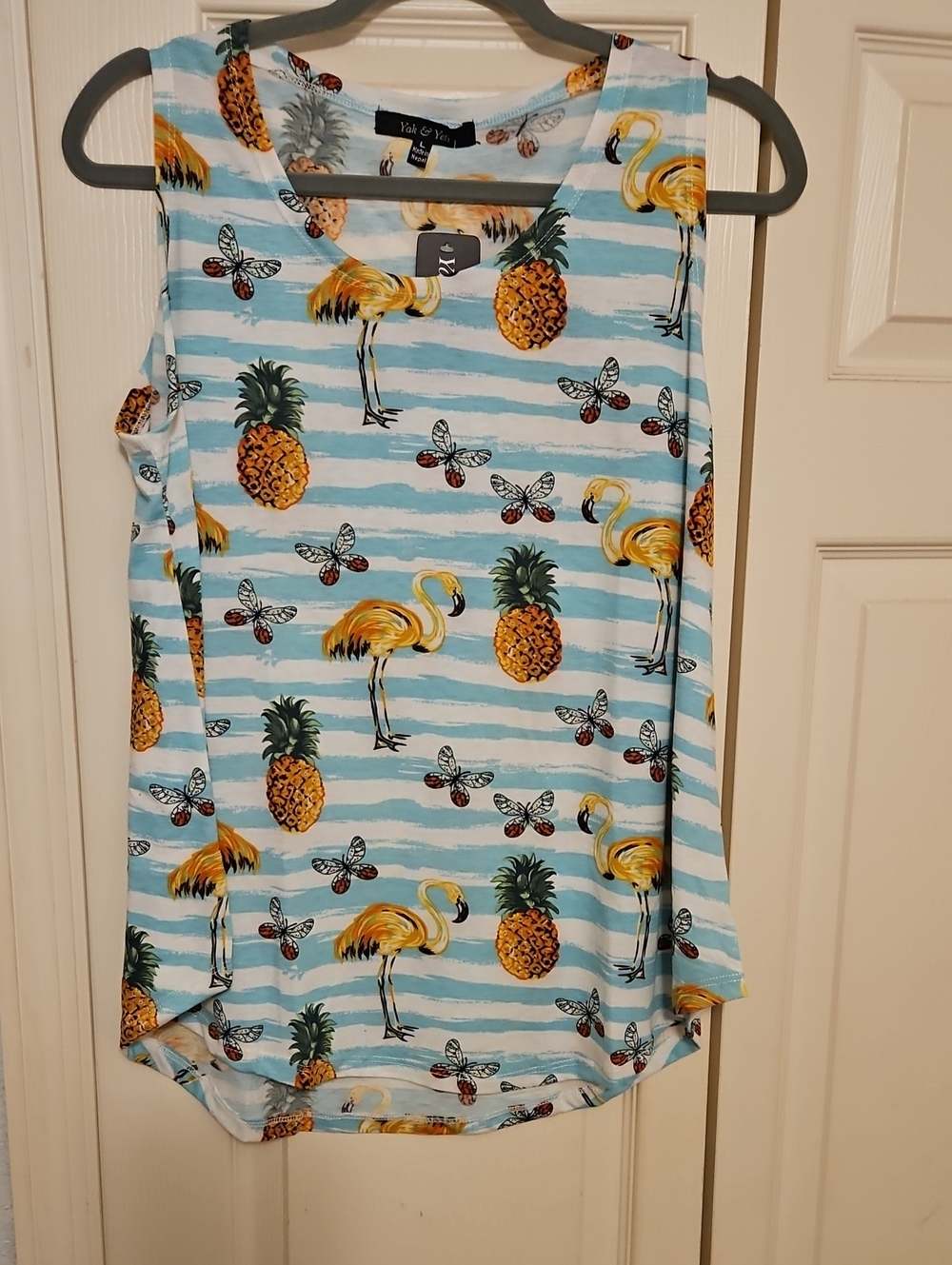 Yak & Yeti Sleeveless Pineapple & Flamingo Stripe Tank Top - Blue